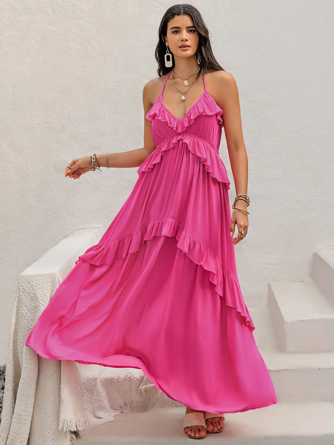 Ruffled Halter Neck Maxi Dress - Wellen Fashion