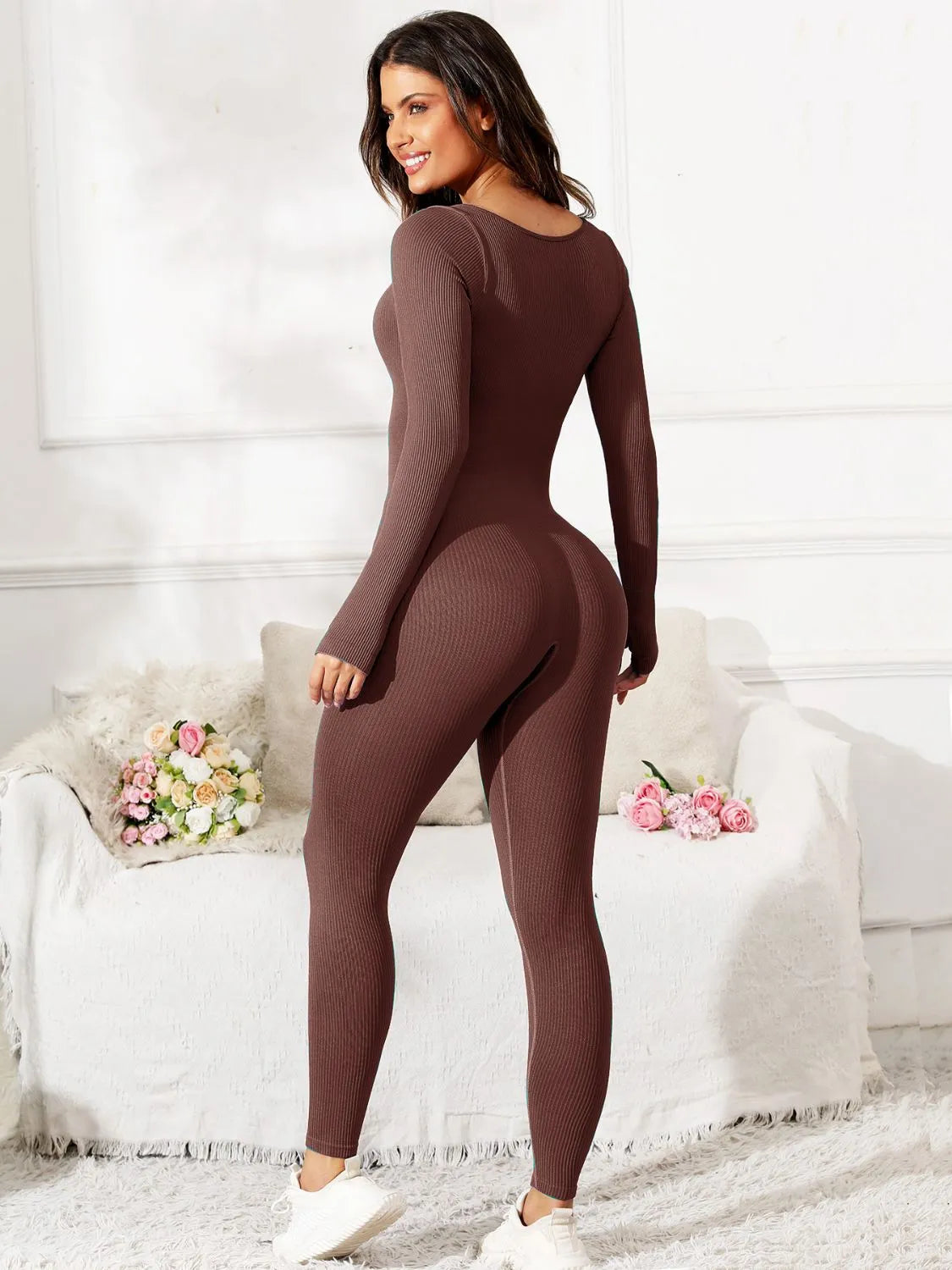 Scoop Neck Long Sleeve Active Jumpsuit - Wellen Fashion