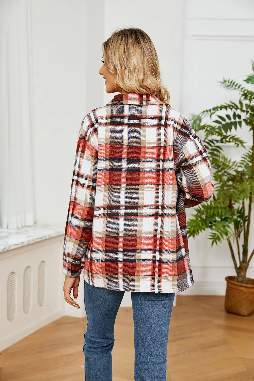 Collared Plaid Shacket - Wellen Fashion