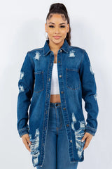 American Bazi Distressed Button Up Long Sleeve Denim Jacket - Wellen Fashion