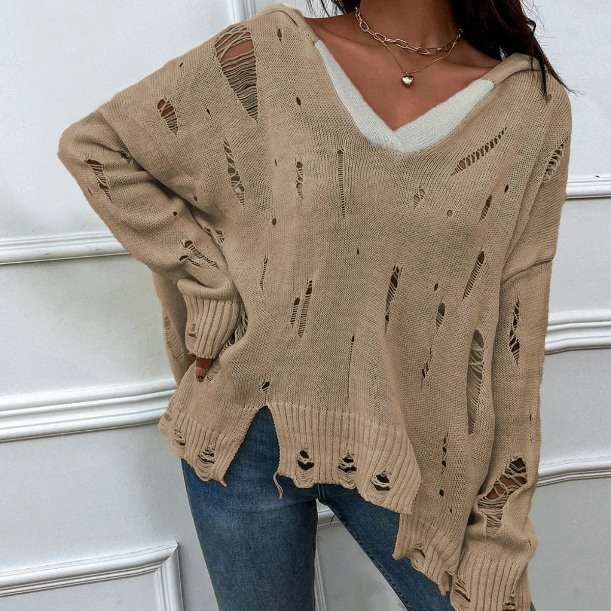 Distressed Slit Drop Shoulder Hooded Sweater - Wellen Fashion