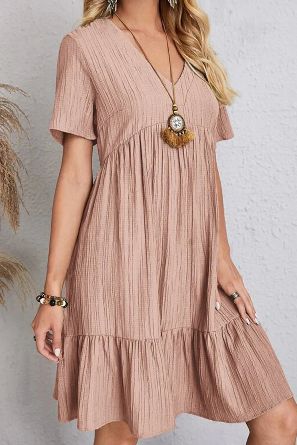 Full Size Ruched V-Neck Short Sleeve Dress - Wellen Fashion