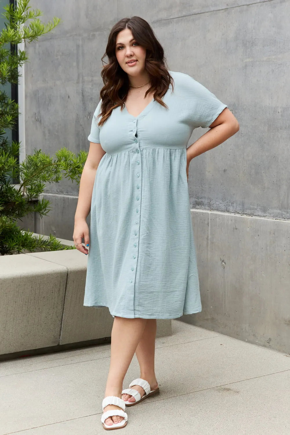 Sweet Lovely By Jen Full Size Button Down Midi Dress - Wellen Fashion