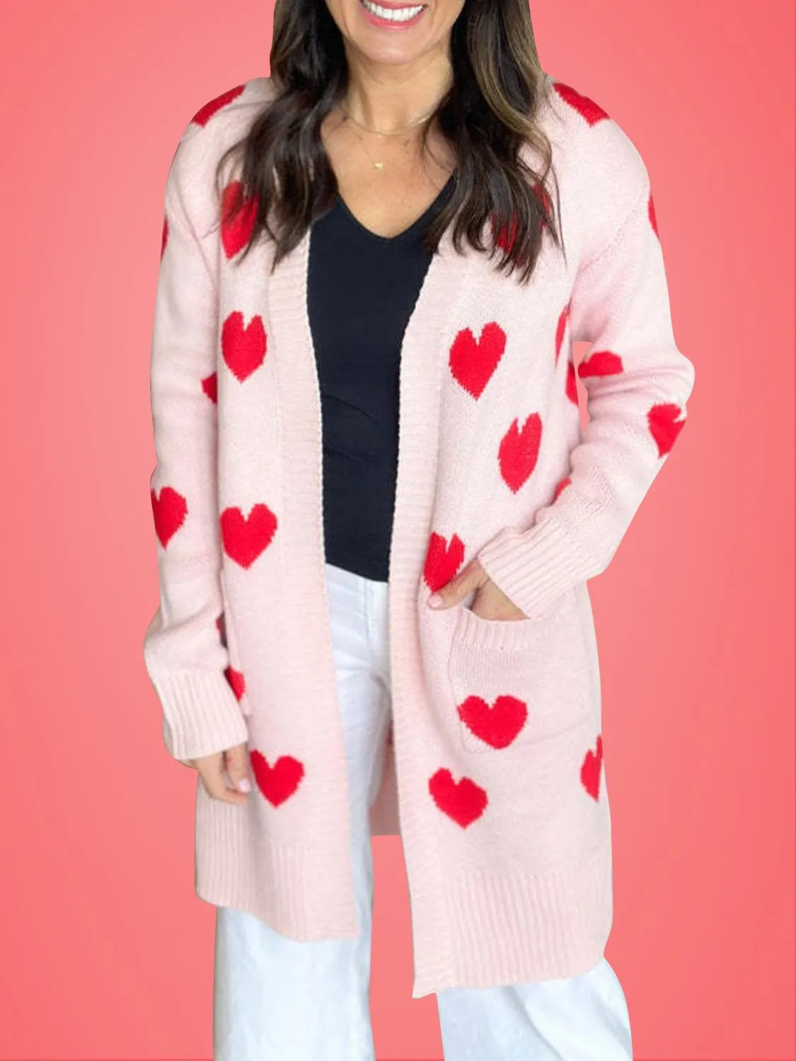 Heart Open Front Long Sleeve Cardigan - Wellen Fashion