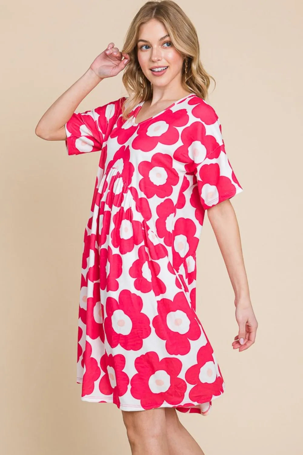 BOMBOM Flower Print Ruched Dress - Wellen Fashion