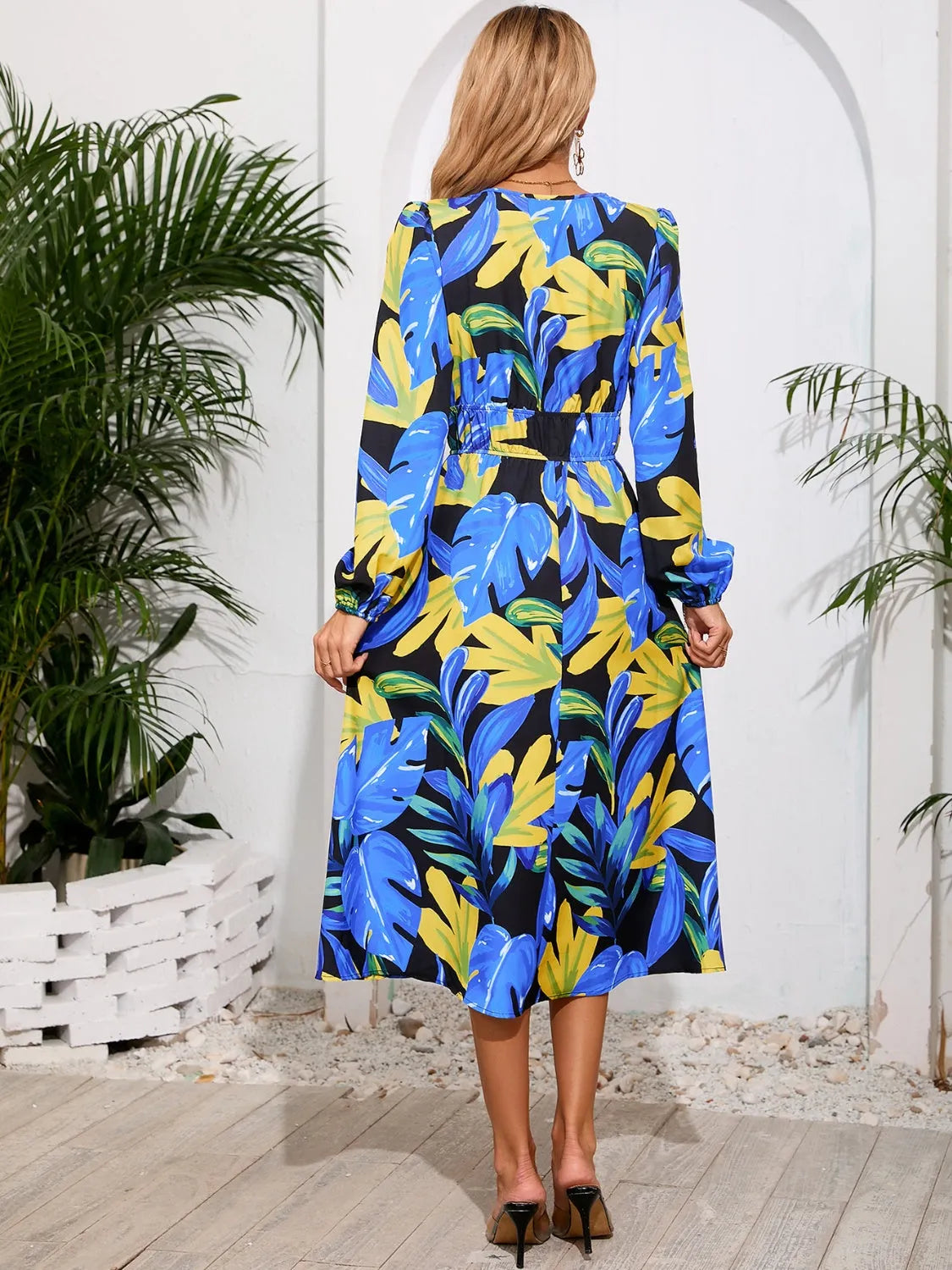 Printed Surplice Long Sleeve Midi Dress - Wellen Fashion