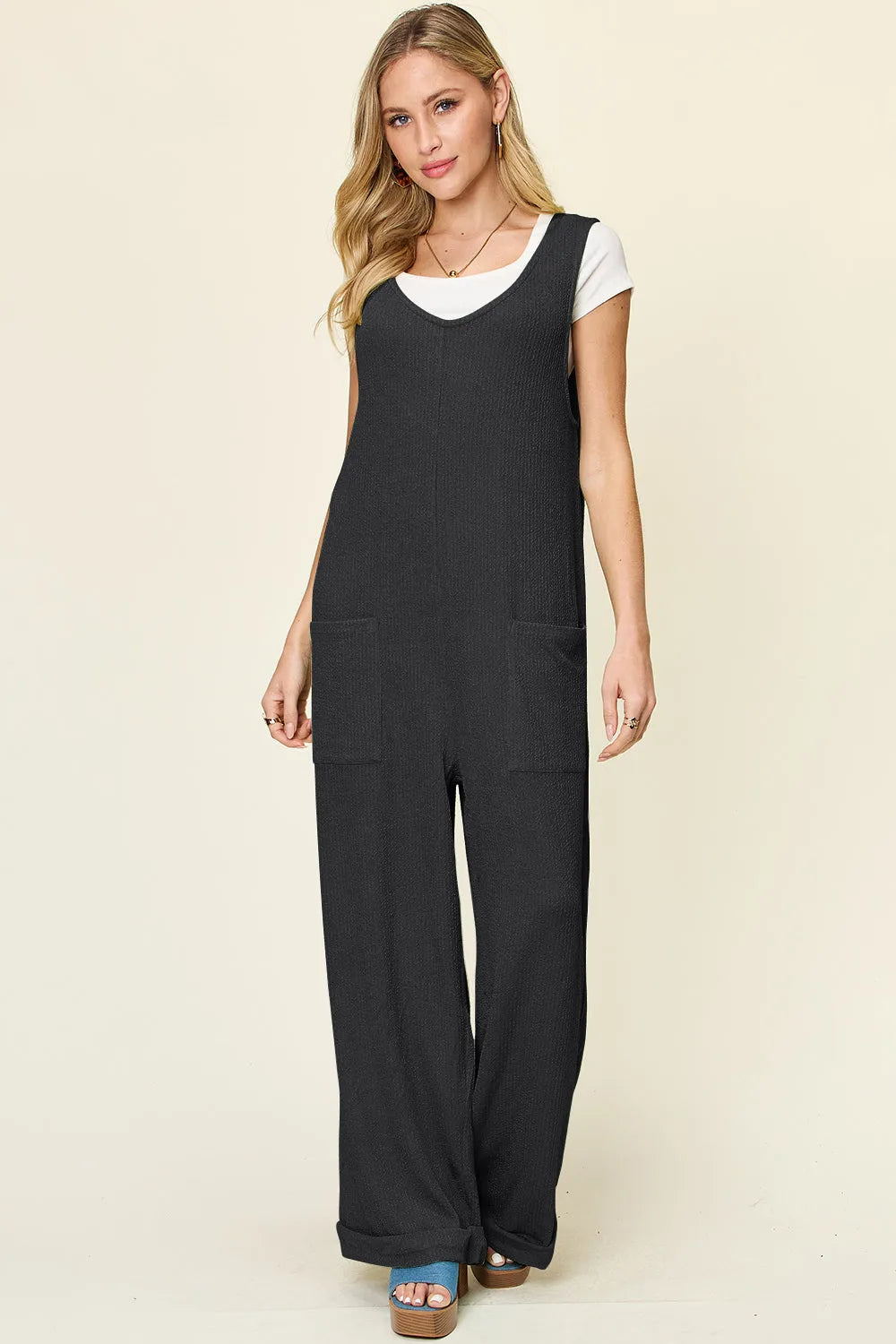 Double Take Full Size Texture Sleeveless Wide Leg Jumpsuit - Wellen Fashion