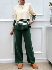 Devine Slit Striped Round Neck Top and Pants Sweater Set - Wellen Fashion