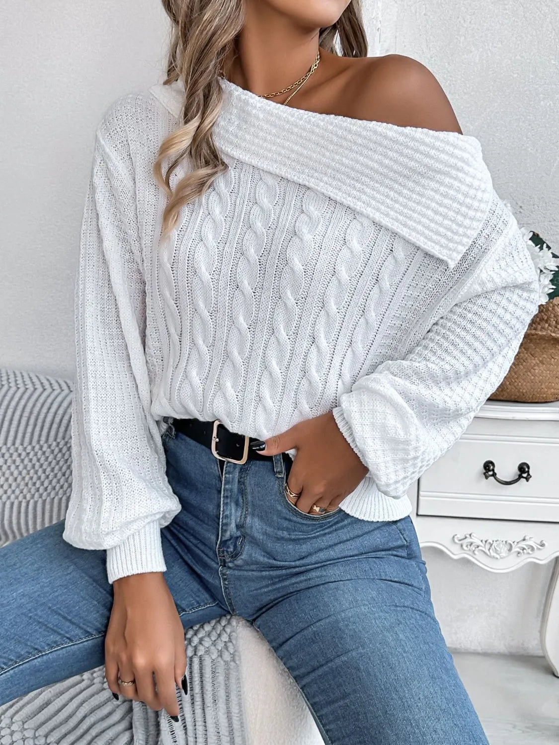 Cable-Knit One Shoulder Long Sleeve Sweater - Wellen Fashion