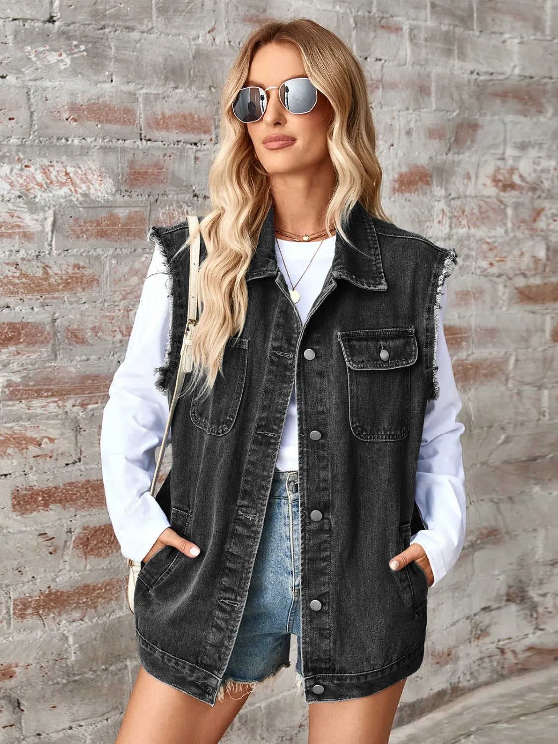 Raw Hem Sleeveless Button Up Denim Jacket - Wellen Fashion