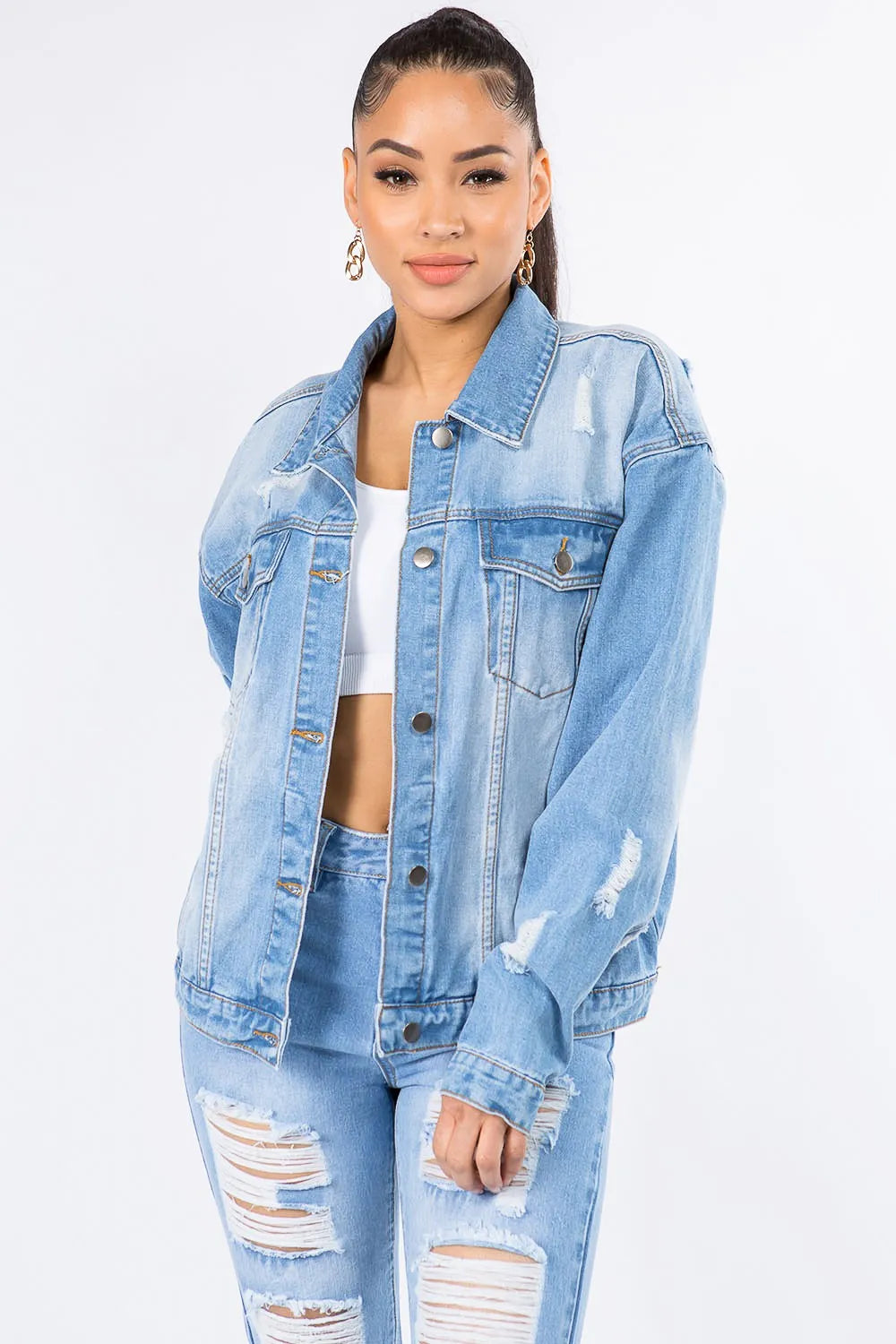 American Bazi Graphic Distressed Long Sleeve Denim Jacket - Wellen Fashion