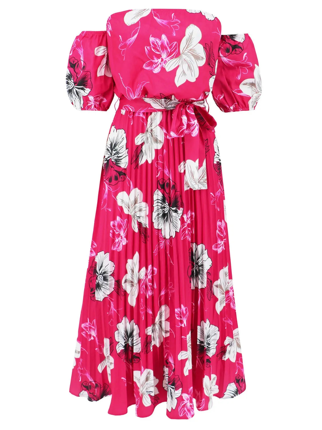 Pleated Floral Off-Shoulder Short Sleeve Midi Dress - Wellen Fashion