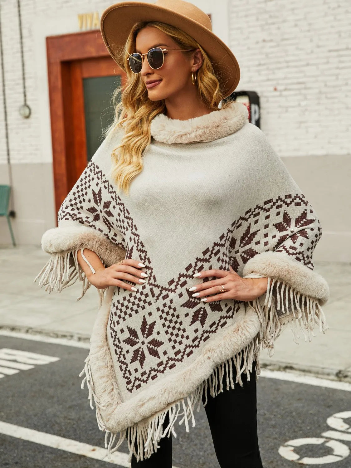 Fringe Geometric Cape Sleeve Poncho - Wellen Fashion