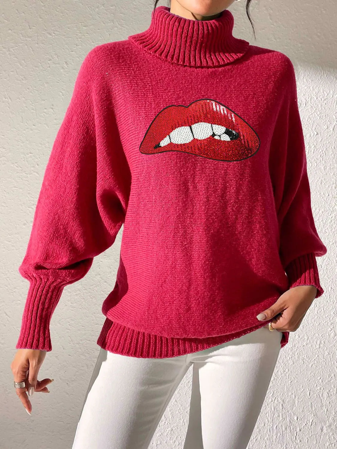 Lip Turtleneck Long Sleeve Sweater - Wellen Fashion