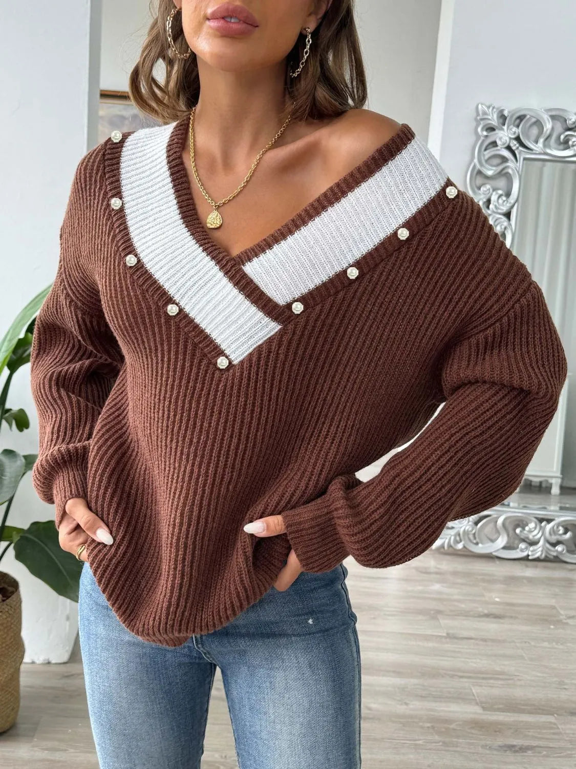 Contrast Trim Dropped Shoulder Long Sleeve Sweater - Wellen Fashion