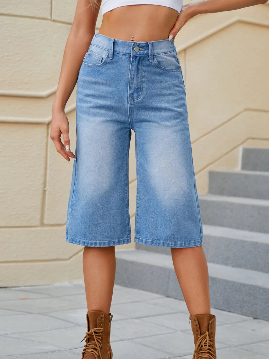 High Waist Denim Shorts with Pockets - Wellen Fashion