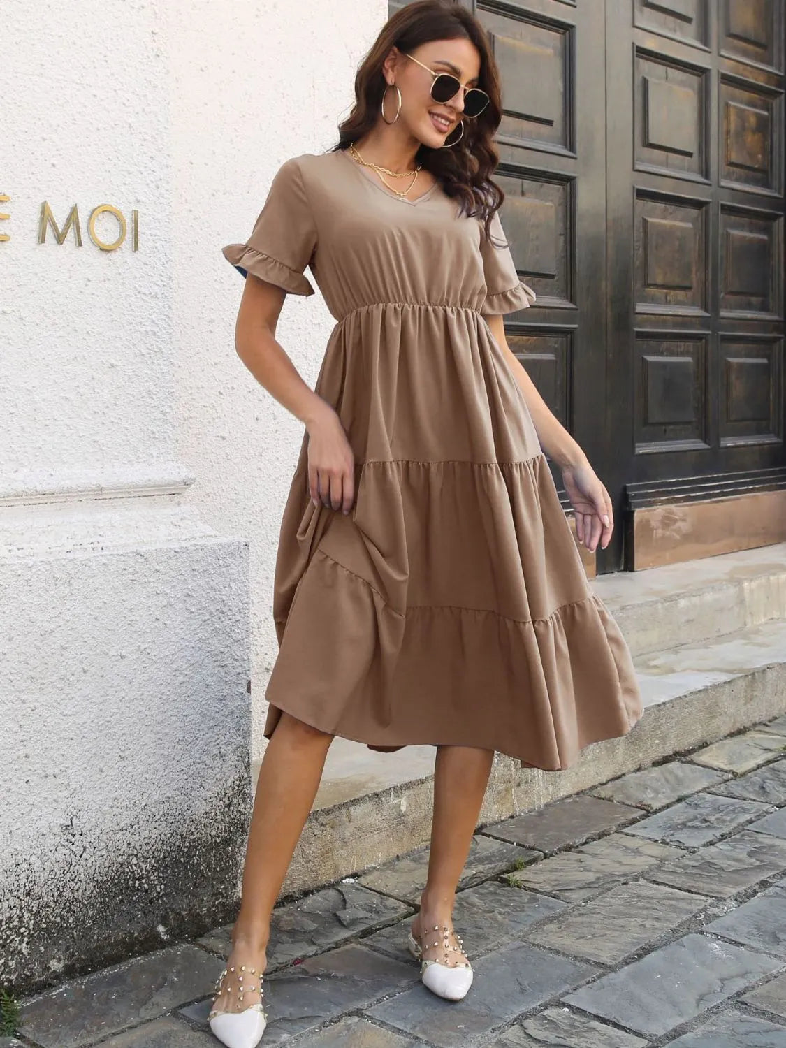 V-Neck Short Sleeve Midi Dress - Wellen Fashion