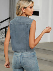 V-Neck Button Down Denim Vest - Wellen Fashion