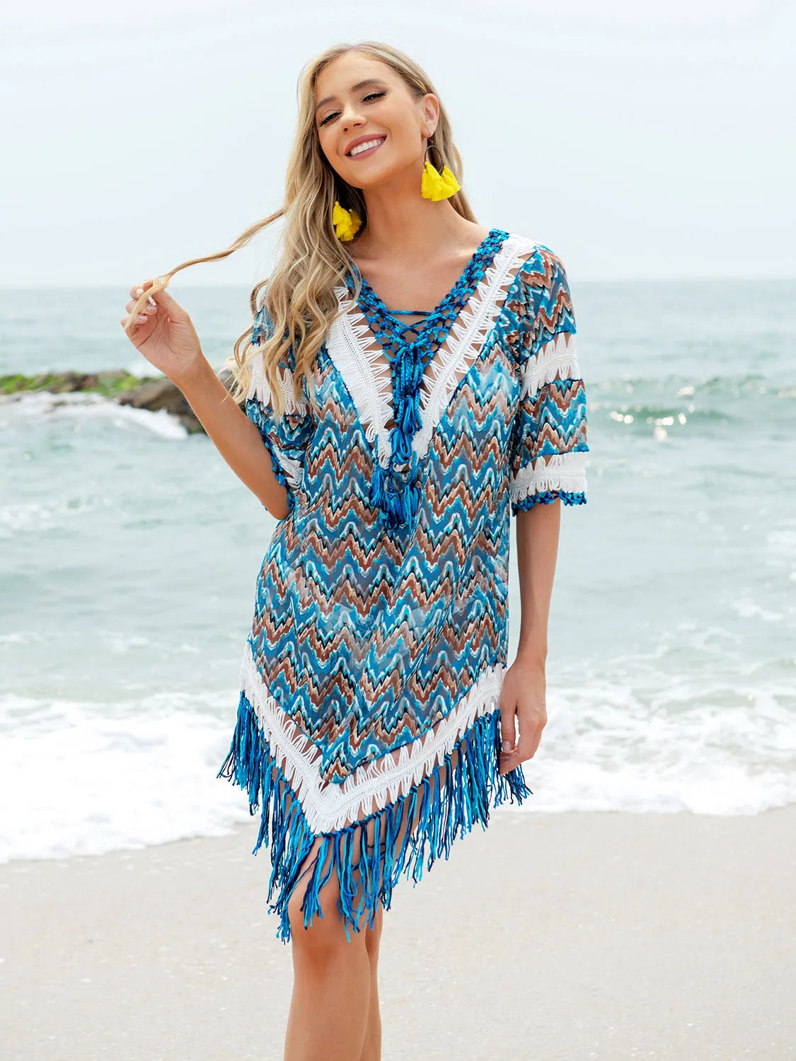 Fringe V-Neck Half Sleeve Cover-Up - Wellen Fashion