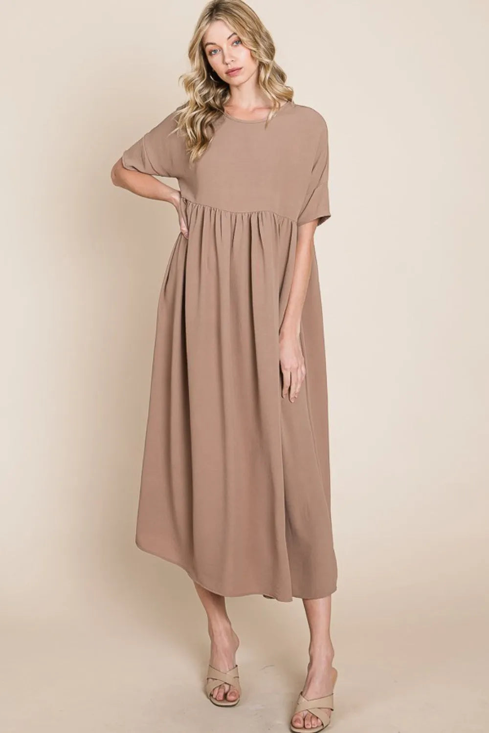 BOMBOM Round Neck Ruched Midi Dress - Wellen Fashion