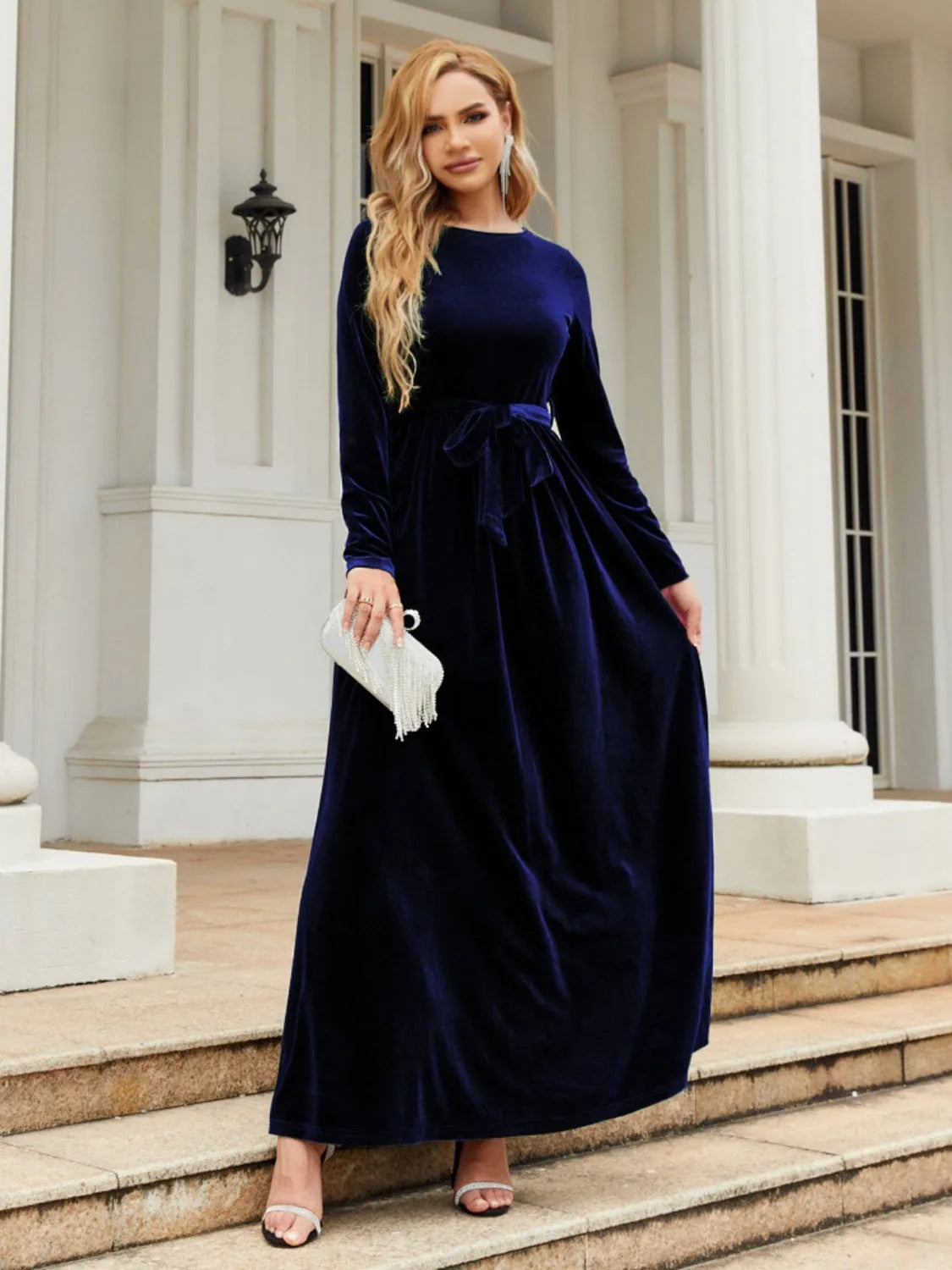 Tie Front Round Neck Long Sleeve Maxi Dress - Wellen Fashion