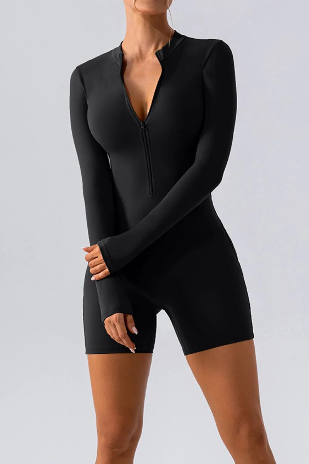 Half Zip Long Sleeve Active Romper - Wellen Fashion