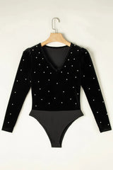 Pearl Detail V-Neck Long Sleeve Bodysuit - Wellen Fashion