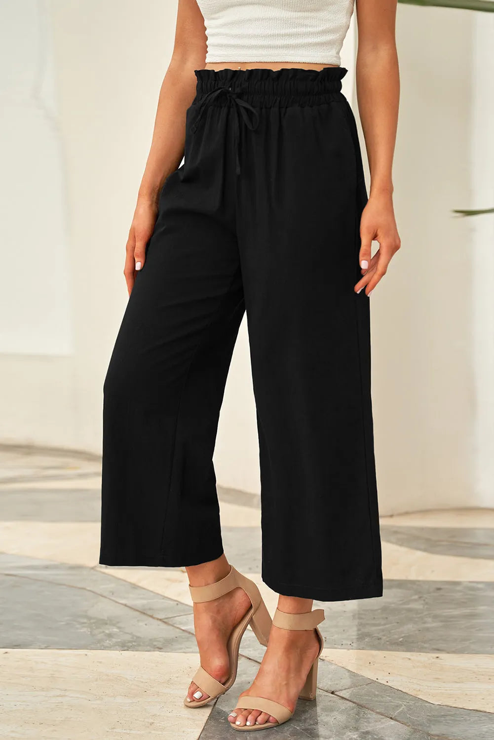 Drawstring Paperbag Waist Wide Leg Pants - Wellen Fashion