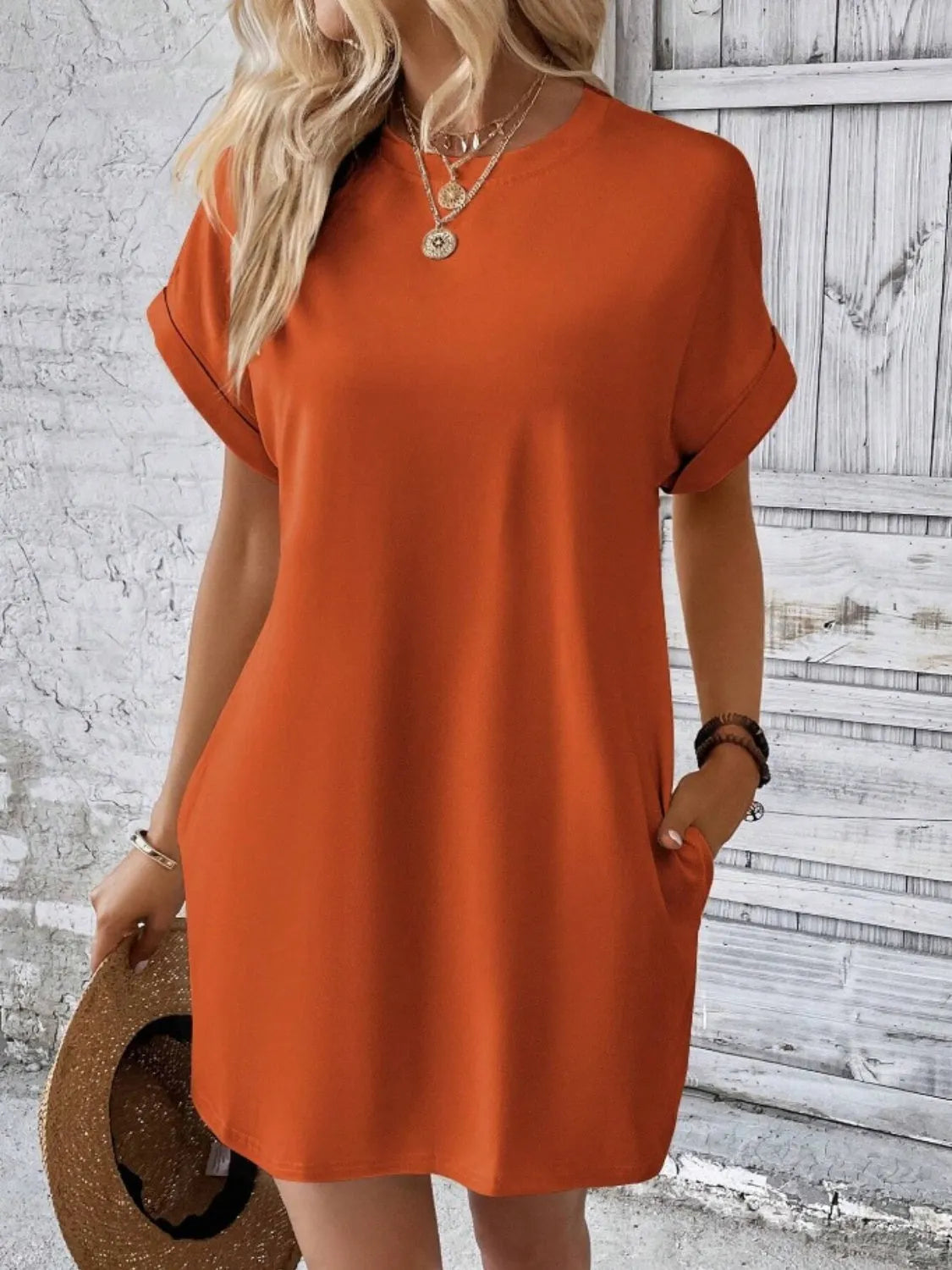 Pocketed Round Neck Short Sleeve Dress - Wellen Fashion