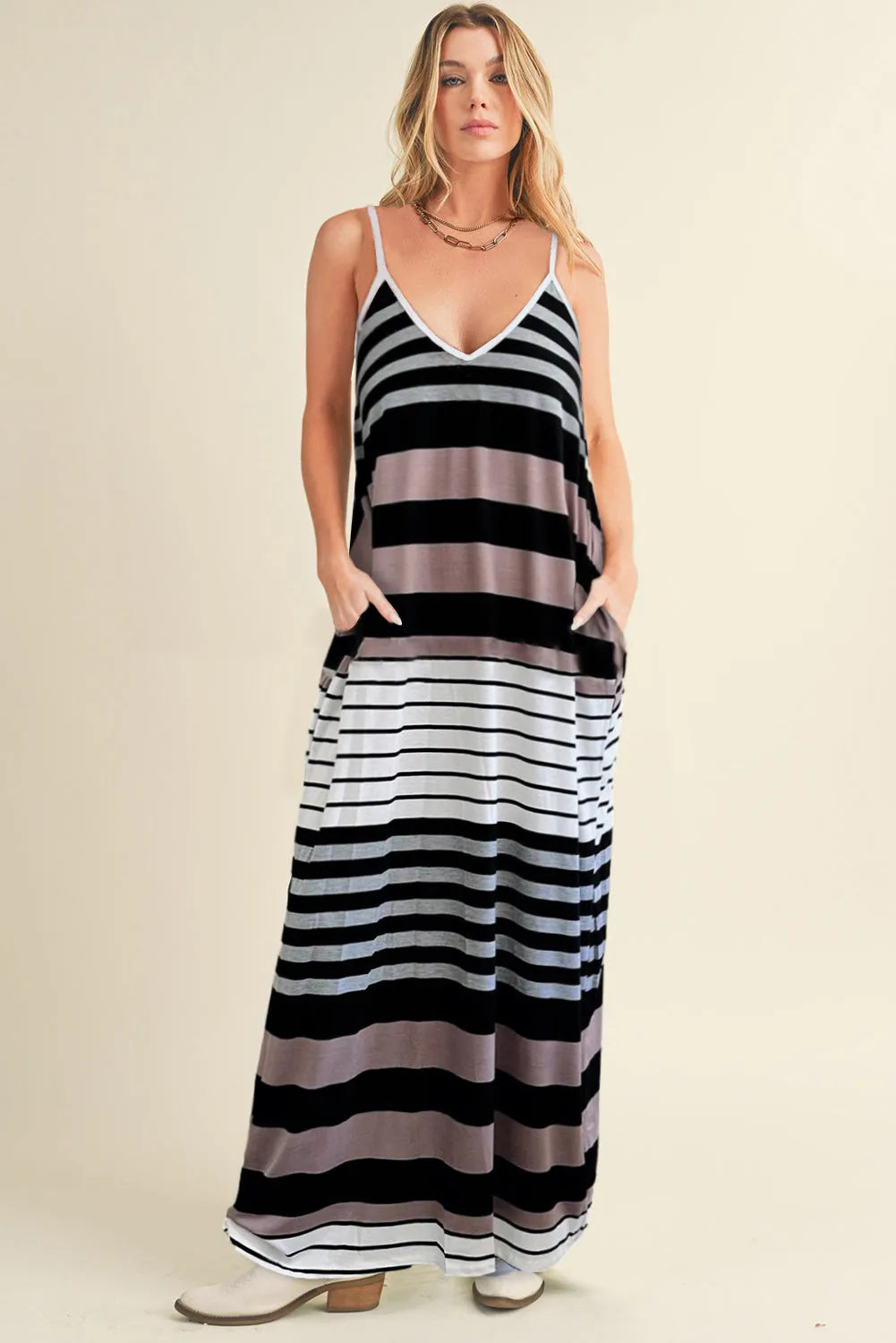 Pocketed Striped V-Neck Sleeveless Cami Dress - Wellen Fashion