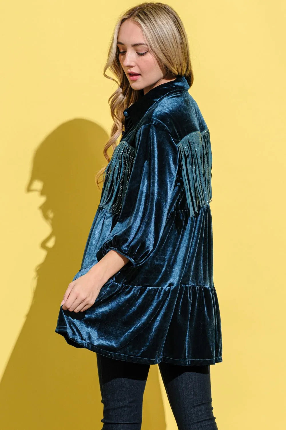 And The Why Fringe Detailed Velvet Shirt Dress - Wellen Fashion