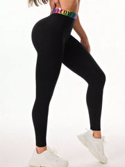 Letter Printed High Waist Active Leggings - Wellen Fashion