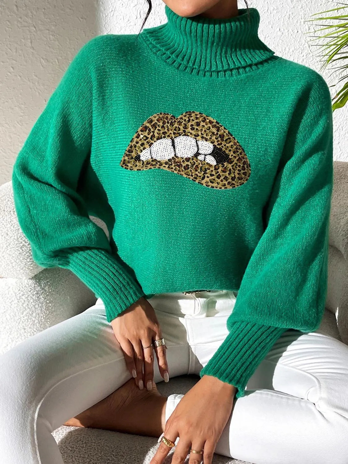 Lip Turtleneck Long Sleeve Sweater - Wellen Fashion