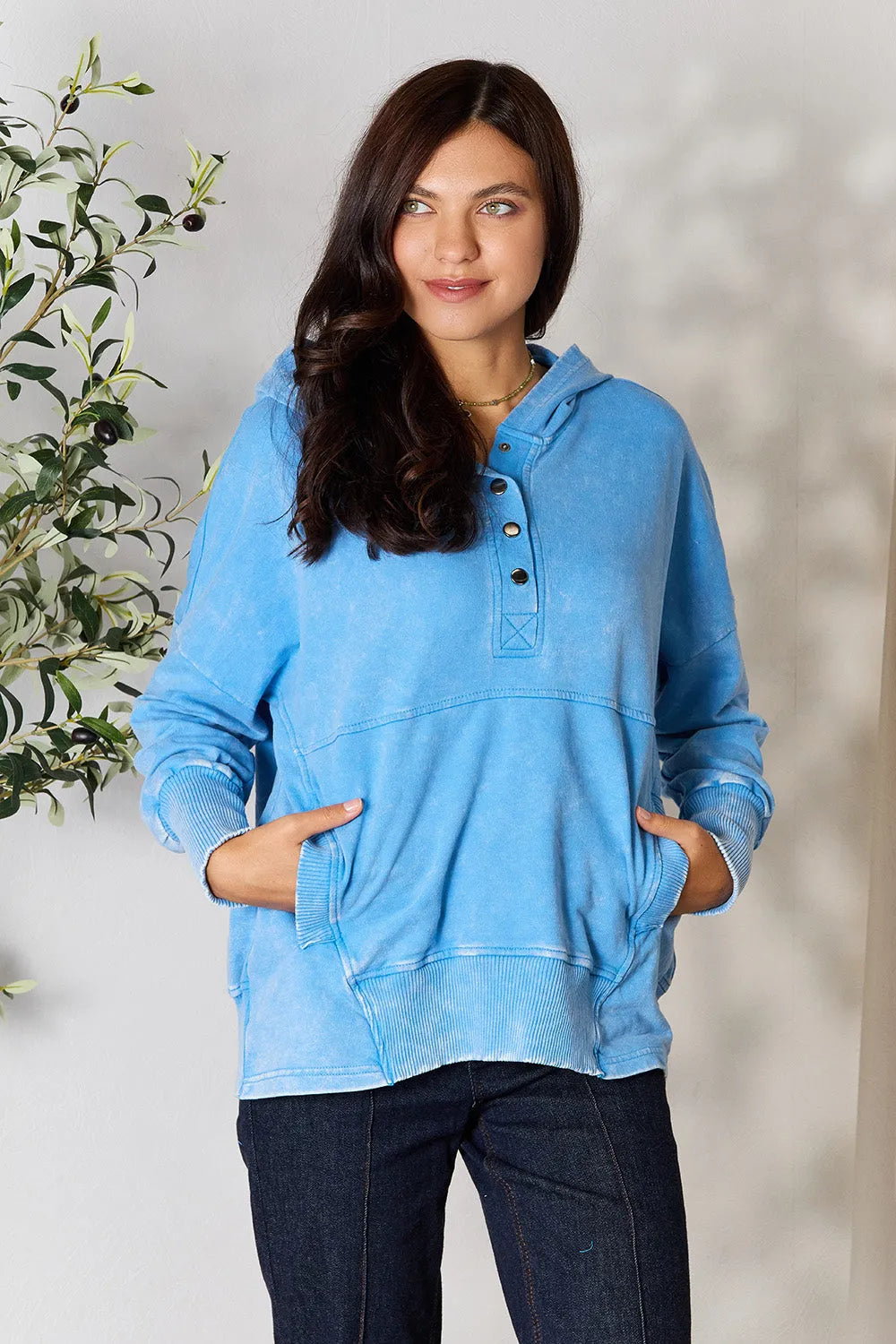 Zenana Half Snap Long Sleeve Hoodie with Pockets - Wellen Fashion