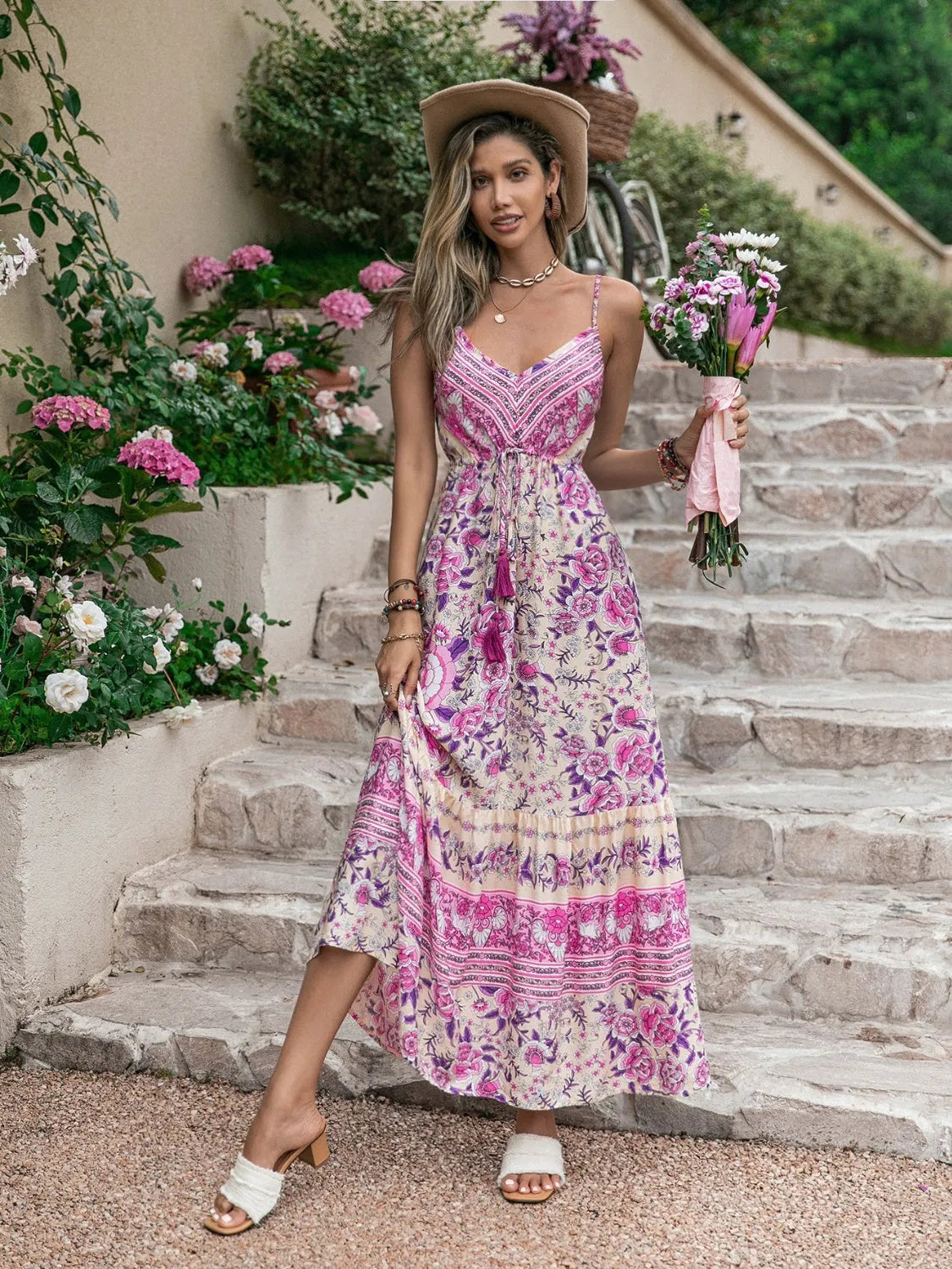 Tassel Printed V-Neck Maxi Dress - Wellen Fashion