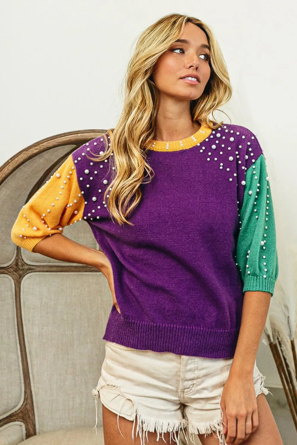 BiBi Color Block Pearl Detail Round Neck Sweater - Wellen Fashion