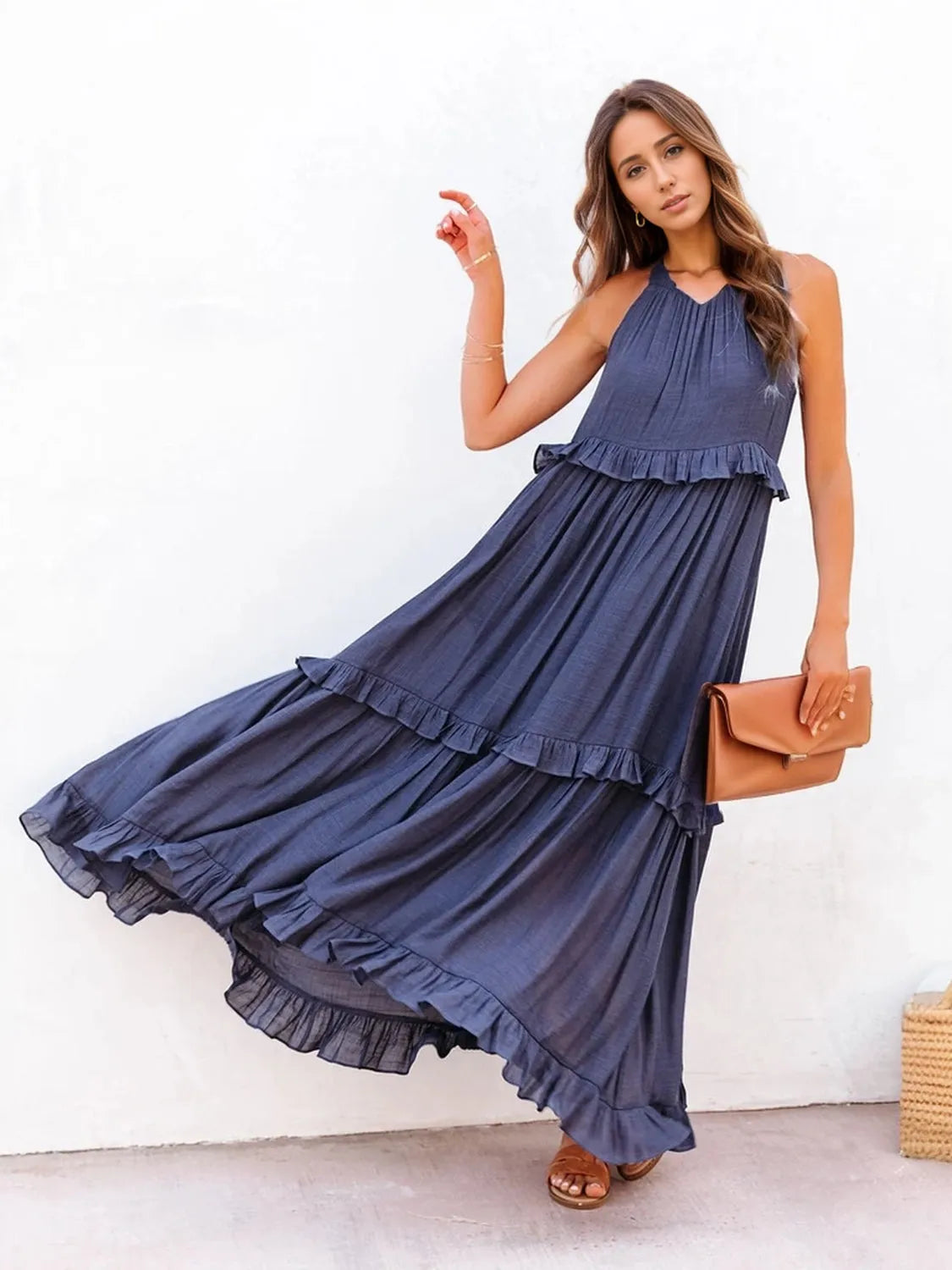 Ruffled Sleeveless Tiered Maxi Dress with Pockets - Wellen Fashion