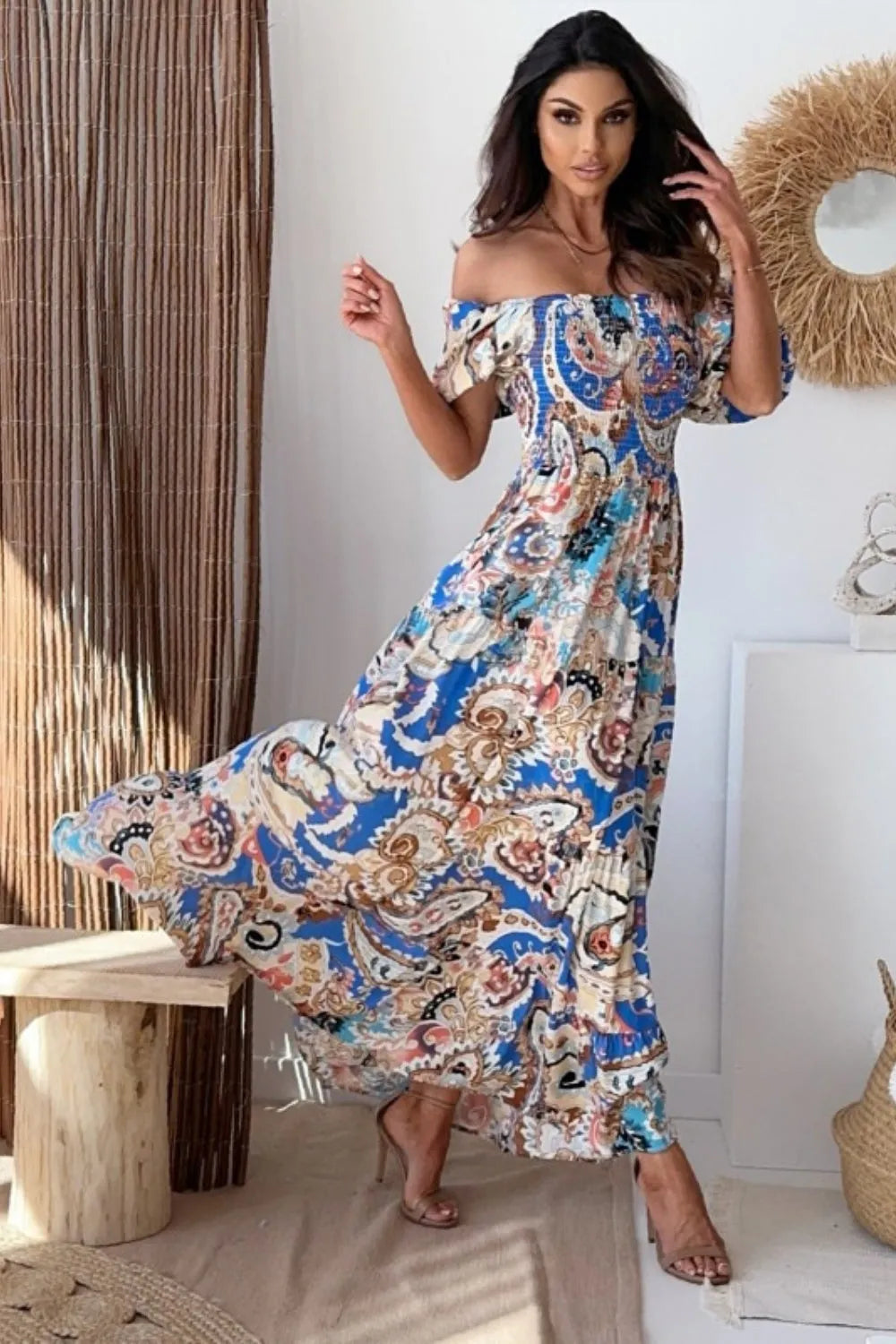 Smocked Printed Short Sleeve Maxi Dress - Wellen Fashion