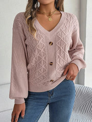 Cable-Knit V-Neck Lantern Sleeve Sweater - Wellen Fashion