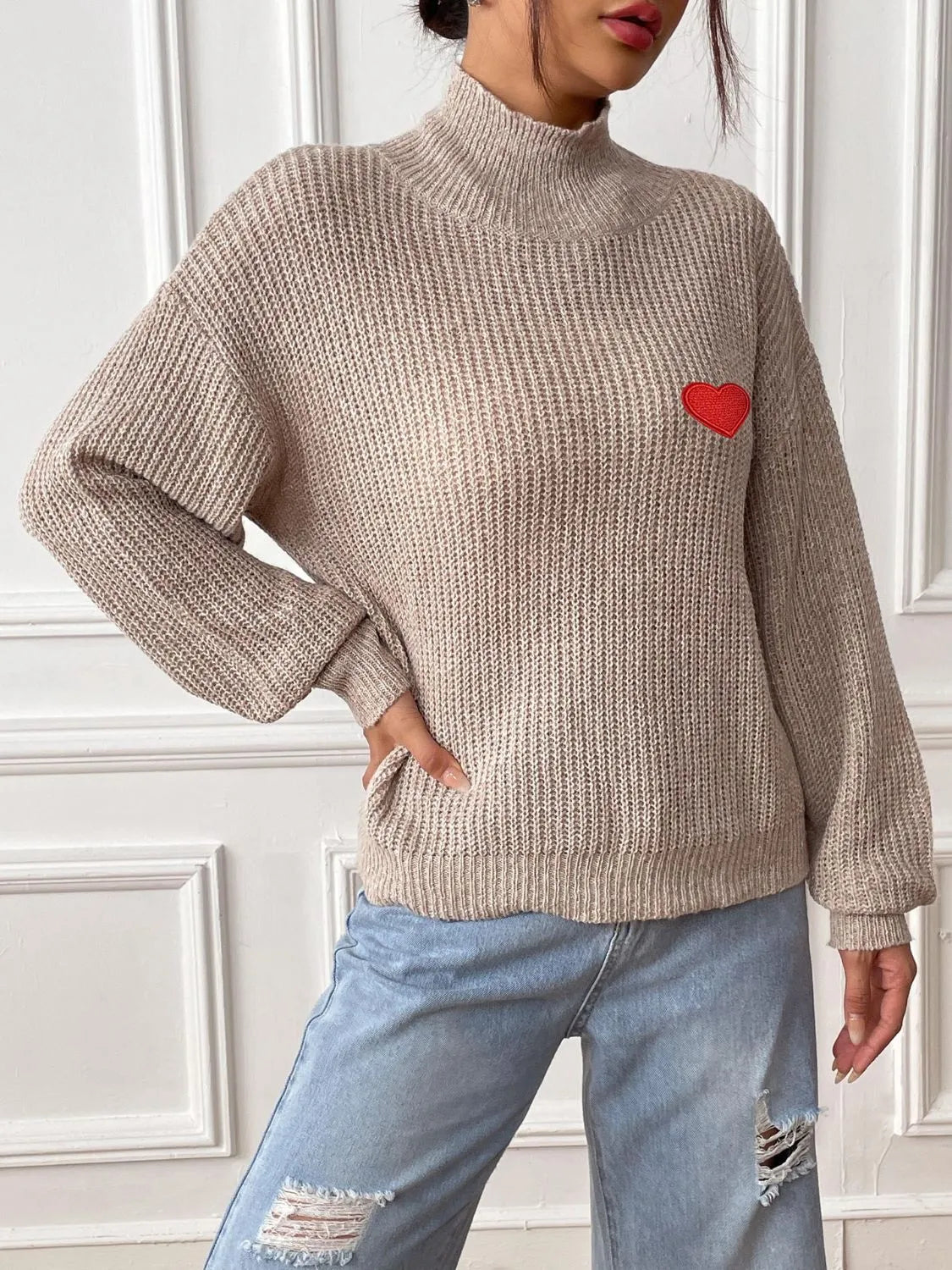 Heart Turtleneck Dropped Shoulder Long Sleeve Sweater - Wellen Fashion