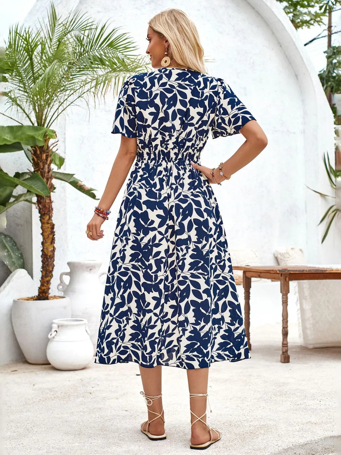 Printed Surplice Short Sleeve Midi Dress - Wellen Fashion