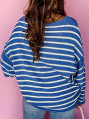 Plus Size Striped Round Neck Dropped Shoulder Sweater - Wellen Fashion