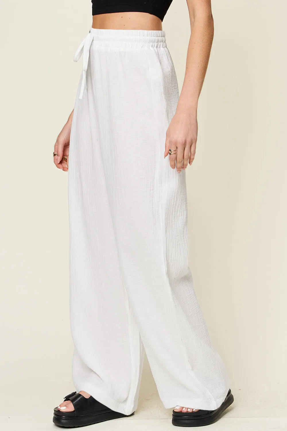 Double Take Full Size Texture Drawstring Wide Leg Pants - Wellen Fashion