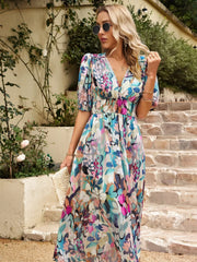 Smocked Printed V-Neck Half Sleeve Midi Dress - Wellen Fashion