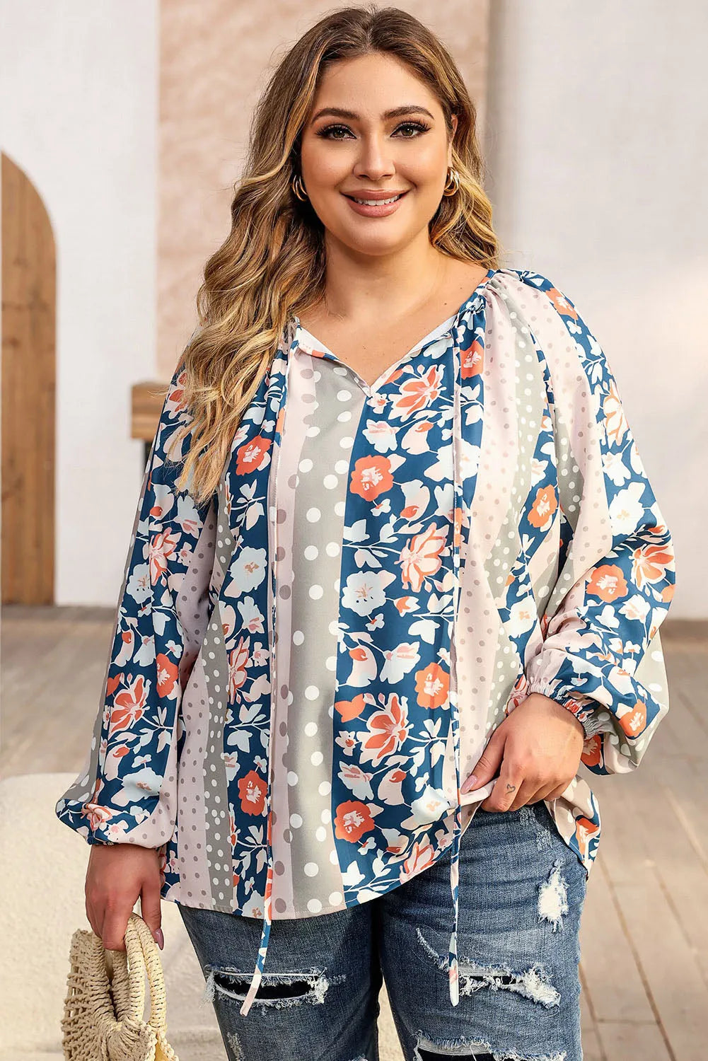 Plus Size Floral Tie Neck Blouse - Wellen Fashion