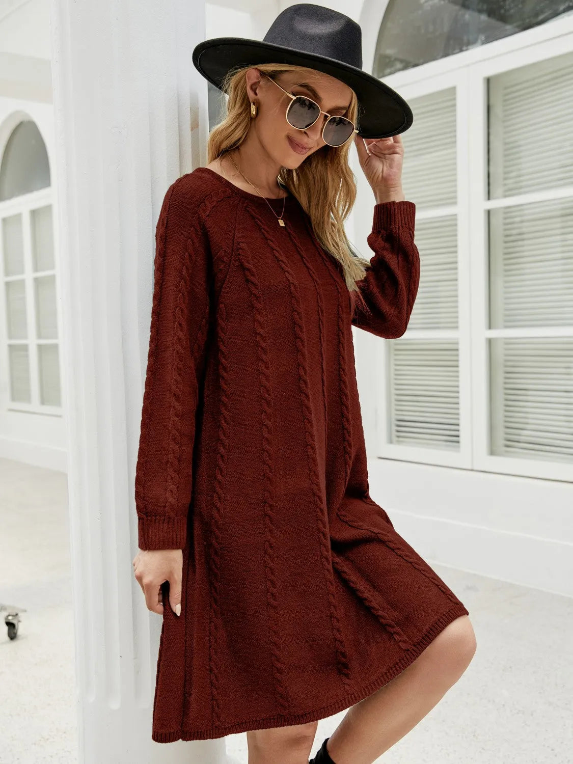 Cable-Knit Long Sleeve Sweater Dress - Wellen Fashion