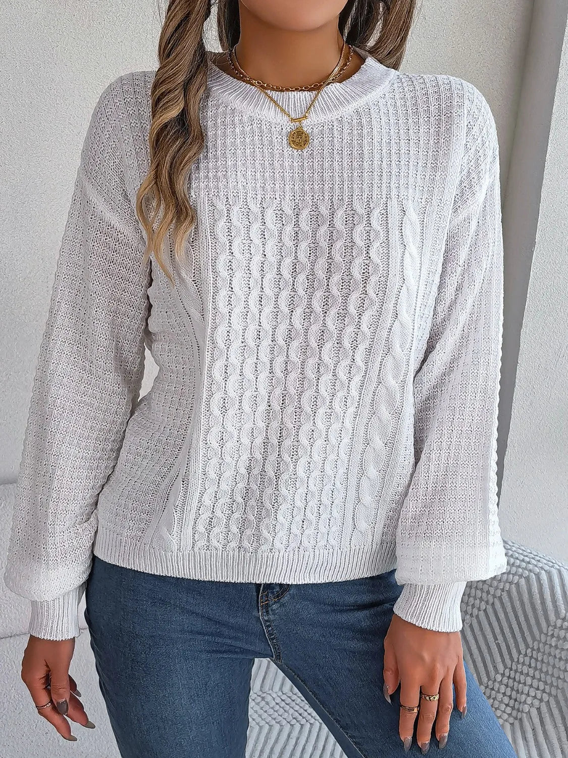 Cable-Knit Round Neck Long Sleeve Sweater - Wellen Fashion