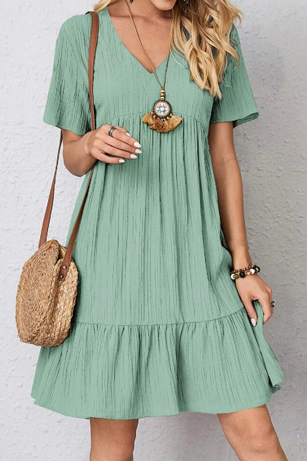 Full Size Ruched V-Neck Short Sleeve Dress - Wellen Fashion