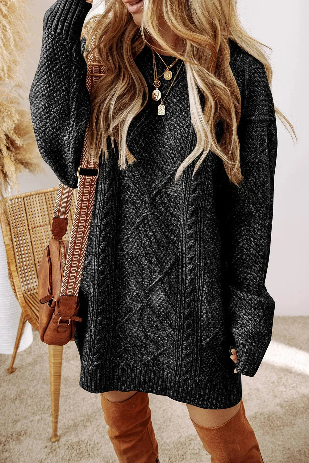 Cable-Knit Round Neck Sweater Dress - Wellen Fashion