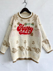 HAPPY Round Neck Long Sleeve Sweater - Wellen Fashion